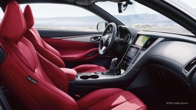 Interior View Of The 2020 INFINITI Q60 Coupe Highlighting Monaco Red Leather Interior Seats